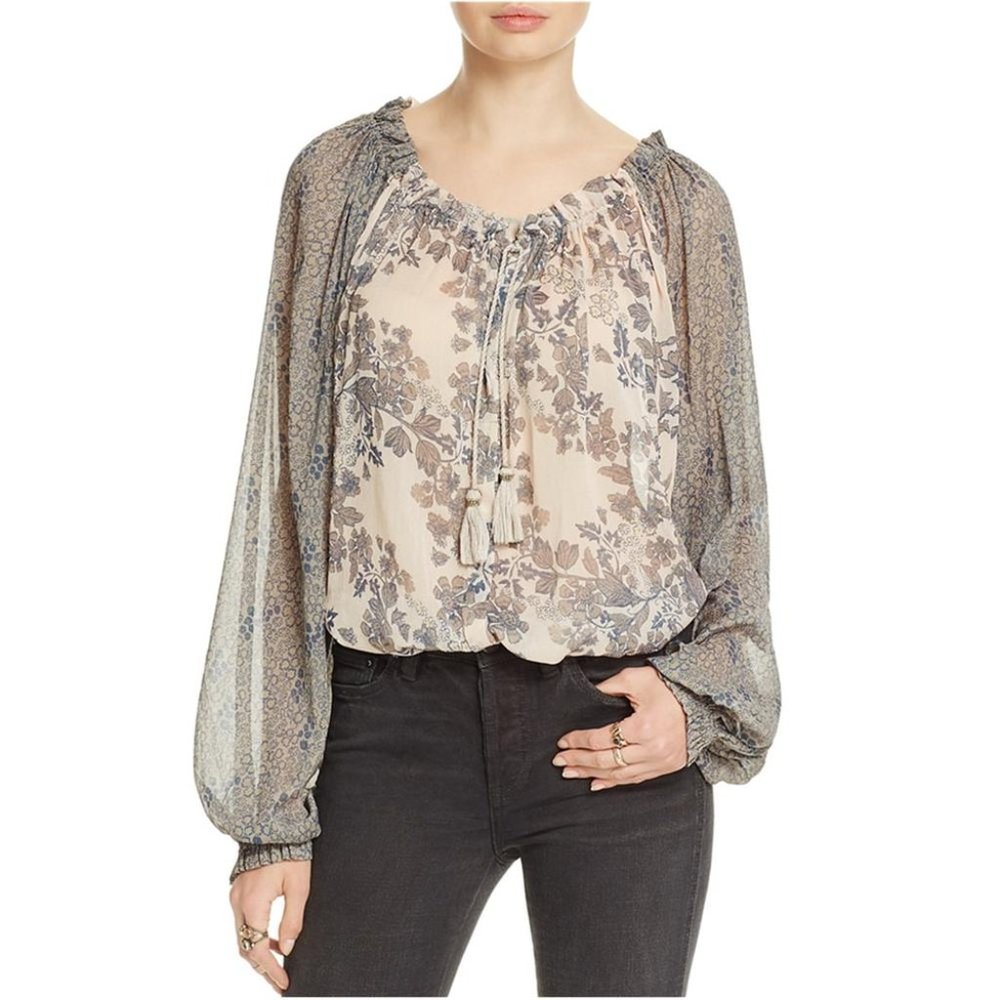 Free People Hendrix Peasant Blouse Long Sleeve Floral Print Tassel Tie Front L